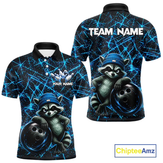 Funny cool raccoon bowling ball men's bowling polo shirt, neon blue lightning bowling jersey, custom bowling team shirt, personalized bowling apparel, bowling league uniform