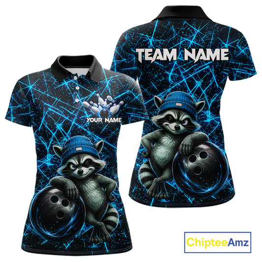 Funny cool raccoon bowling ball women's bowling polo shirt, neon blue lightning bowling jersey, custom bowling team shirt, personalized bowling apparel, bowling league uniform