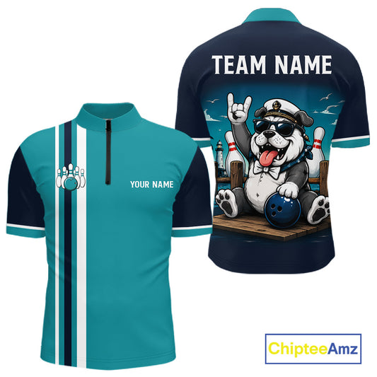 Funny Bulldog Men's Quarter-Zip Bowling Shirt, Personalized League Team Jersey