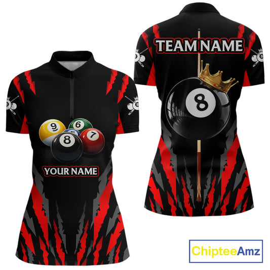 Black & Red Women's Billiard Ball Shirts Personalized Crown 8 Ball Billiard Team Attire NYN2330