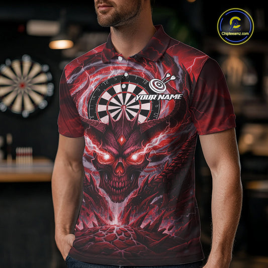 Lightning Red & Grey Dragon Skull Dartboard Custom Men Darts Polo Shirt, Dart Jerseys NYN1807