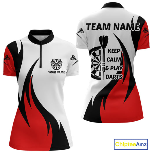 Keep Calm & Play Darts Custom Black-Red Dartboard Dart Shirts For Women Dart Team Jerseys NYN0061