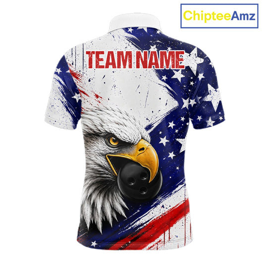Men's custom bowling polo featuring distressed grunge eagle with bowling ball and pins, personalized performance bowling shirt for USBC tournaments, bowling leagues, patriotic sportswear, eagle lovers, wildlife enthusiasts and outdoor adventurers, symbolizing freedom, leadership, courage, resilience and victory