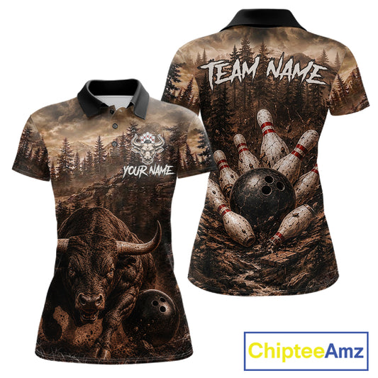 Funny Bull Bowling Shirts For Women Custom Grunge Forest Polo & 1/4 Zip Bowling Team Jersey NYN3731