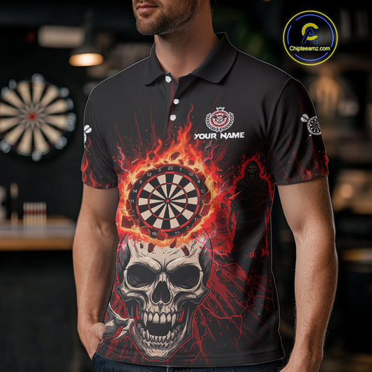 Red Skeleton Flames Cracked Dartboard Custom Men Darts Polo Shirt Dart Jerseys NYN1920