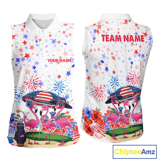 American Flag Womens Golf Sleeveless Polo Shirts Custom Patriotic Pink Flamingo White Golf Tournament Shirts NYN3768