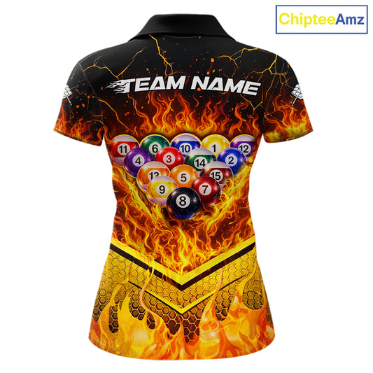 Yellow Flames Hexagon Pool Ball Set Billiards Shirt For Women Personalized Pool Balls 8 Billiard Attire NYN2690