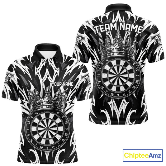 Black and White Tribal Crown Dartboard men's dart polo shirt personalized dart team uniform, dart league jersey, custom name dart shirt