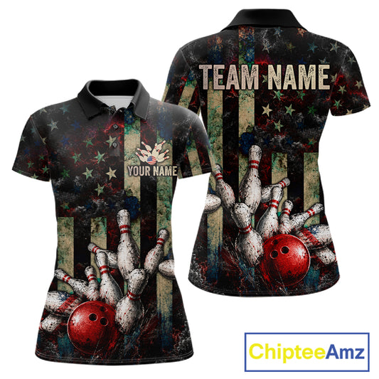 Personalized American Flag Grunge Bowling Shirt For Women Custom Splatter Outfit Bowling Jersey NYN3231
