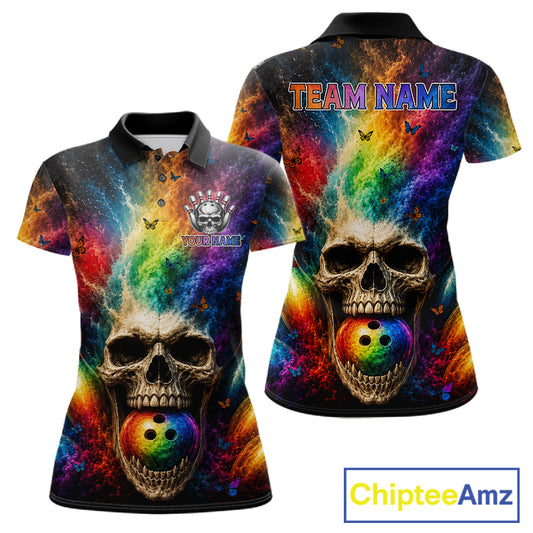 Colorful Smoke Skull Butterfly Bowling Polo featuring artistic skull and butterfly graphics, personalized bowling team name, moisture-wicking athletic polo, gothic bowling apparel, tattoo-inspired artwork, Halloween sportswear, custom league jersey.