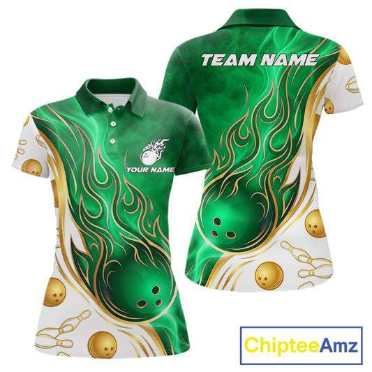 Gold & Green Flames Bowling Polo featuring vibrant flame artwork, personalized bowling team jersey, moisture-wicking performance polo, custom bowling league apparel, athletic sportswear, tournament-ready clothing, prosperity symbolism.
