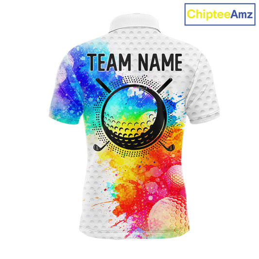 Mens White Pattern Golf Polo Shirt Custom Name Colorful Watercolor Golf Clothes, Golf Gifts NYN2873