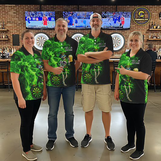 Funny Skeleton St Patrick's Day Men Darts Quarter-Zip Shirt Custom Flame Shamrock Darts Team Jersey NYN2529