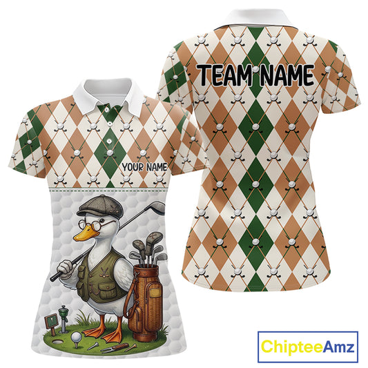 Funny Cool Duck Golf Polo Shirts For Women Green & Brown Argyle Custom White Ball Golf Apparel NYN3122