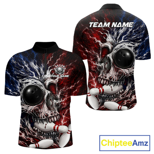 Grunge Skull Mens Bowling Quarter-Zip Shirt Custom Youth Bowling Team Outfits