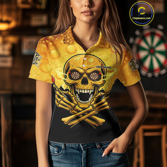 Funny Beer & Skull Dartboard Women Polo Darts Shirt Custom Name & Team Dart Jersey NYN2011
