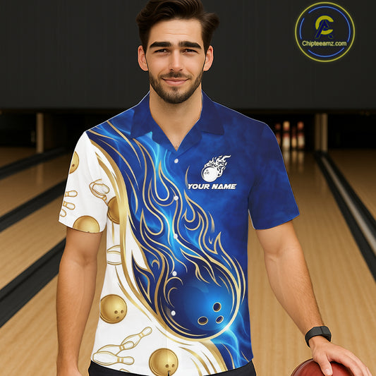 Male and female models wearing Gold and Blue Flames bowling Hawaiian shirts, vibrant tropical bowling button-up apparel, custom league team clothing, resort vacation outfit symbolizing energy, confidence, victory and teamwork