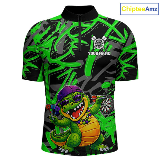Green Grafffiti Play Darts Polo & Quarter Zip Shirt Personalized Funny Crocodile Men Darts Jersey NYN2948