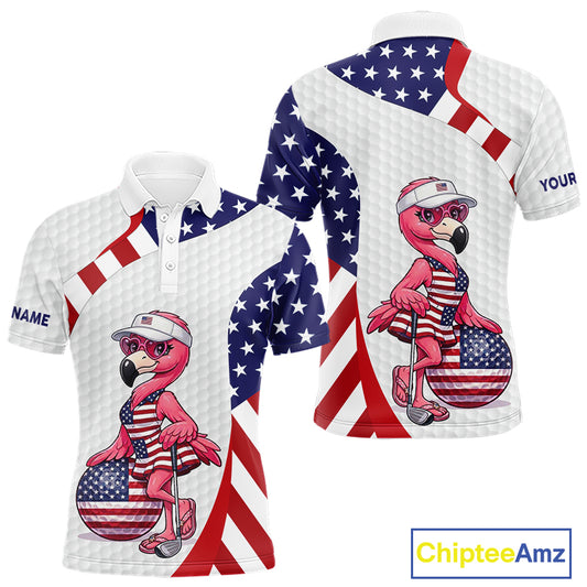 Flamingo Custom Name White American Flag Patriotic Golf Mens Polo Shirt, Flamingo Golf Clothing For Mens NYN2960