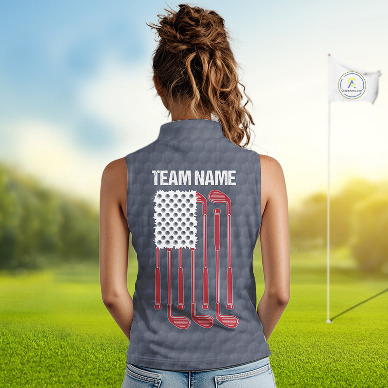 Female golfer wearing custom patriotic golf polo with grey golf ball pattern, perfect for ladies golf league, Memorial Day tournaments, Independence Day golf outings, symbolizing freedom, confidence and teamwork.