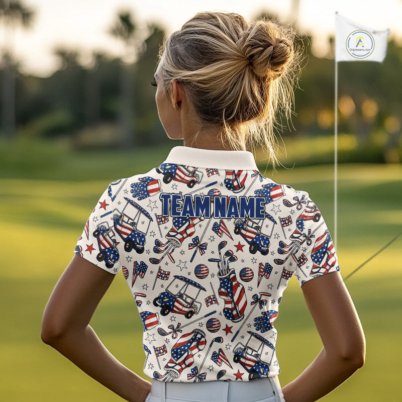 Female golfer wearing personalized patriotic golf polo for Fourth of July golf outing, ladies golf league and USA golf competitions.