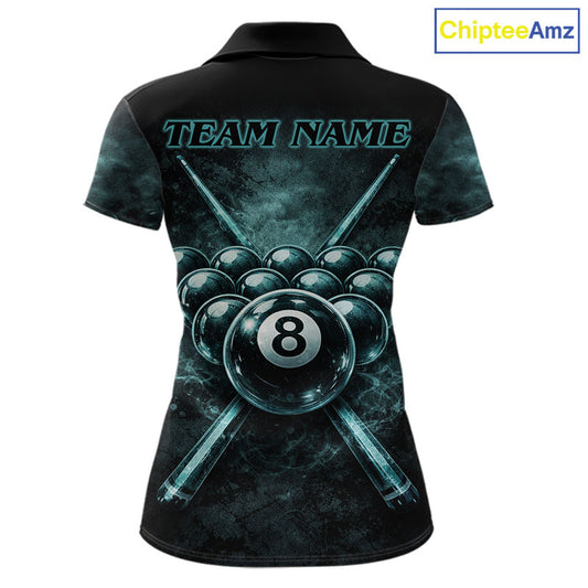 Custom Teal Smoke Grunge Skull Pool 8 Ball Women Billiard Shirt Personalized Ball Billiard Attire NYN2592