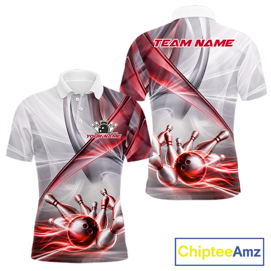 Men's bowling polo featuring white and red smoke with realistic bowling ball and pins, personalized bowling apparel for USBC tournaments, league bowlers, custom team uniforms and championship competitions, symbolizing passion, power and victory.