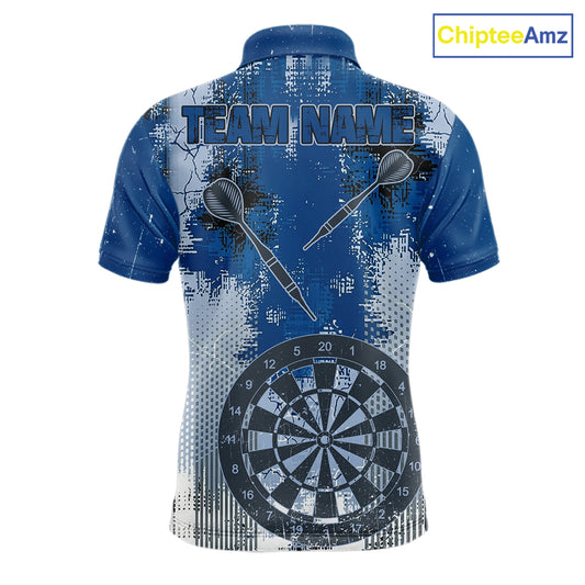 Blue Grey Grunge Dartboard Men Dart Polo & 1/4-Zip Shirt Custom Team Name Dart Jersey For Darters NYN2975