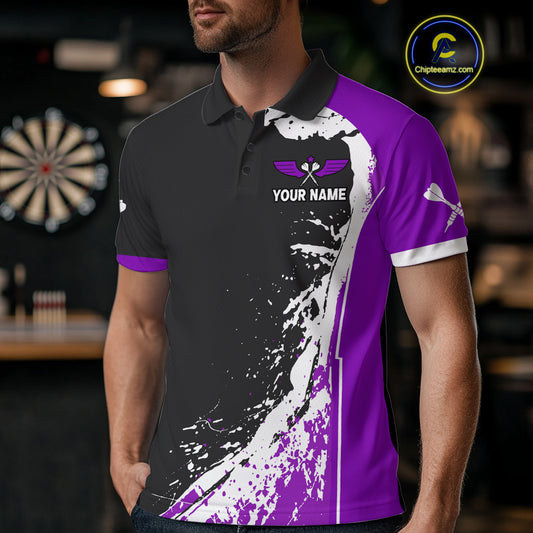 Purple Fiery Rooster Fury Dart Arrow Men Funny Darts Polo Shirt Custom Name Darts Jersey NYN2112