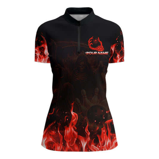 Personalized Red Flaming Grim Reaper Bowling Team Shirts For Women Bowling Polo & 1/4-Zip Jersey NYN2776
