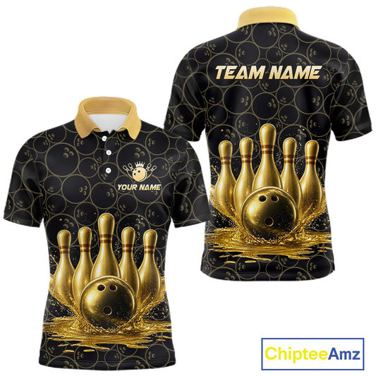 Splatter Gold Dripping Bowling And Pins Jerseys For Men Custom Bowling Ball Shirt Team Attire NYN3180
