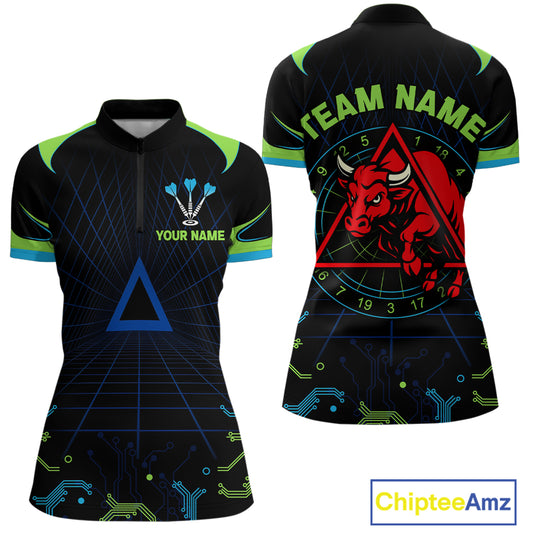 Multi Color Techno Grid & Bull Women's Darts Shirt - Custom Name For Darts Jersey NYN0475