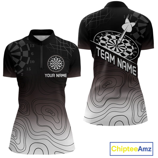 Women's Custom Dart Shirt, Darts Hitting The Bullseye With Black-To-White Gradient NYN0249