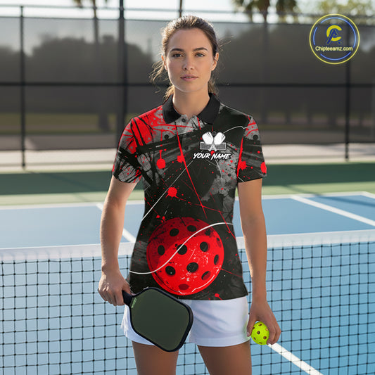 Custom Black Grunge Red Pickleball Ball T-Shirt For Women Splatter Pickleball Jerseys NYN2481