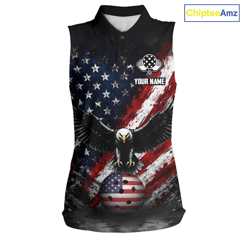 Vintage American Flag Eagle Women's Pickleball Sleeveless Polo, Patriotic Pickleball Polo, Personalized USA Tournament Apparel, Freedom, Leadership & American Pride