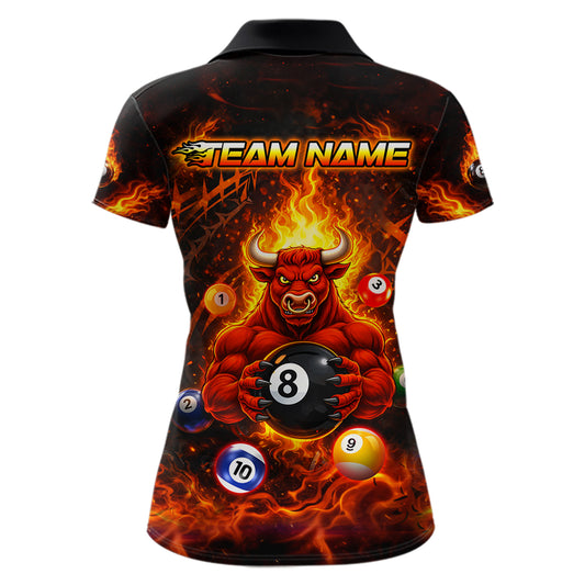 Fire Flame Funny Bull Plays Pool Ball Billiard Shirt For Women Custom 8 Ball Billiard Team Attire NYN2565