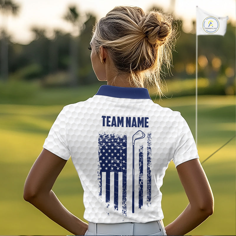 Patriotic Womens Golf Polo Shirts Custom American Flag Golf Apparel America Golf Shirt | Blue NYN3326