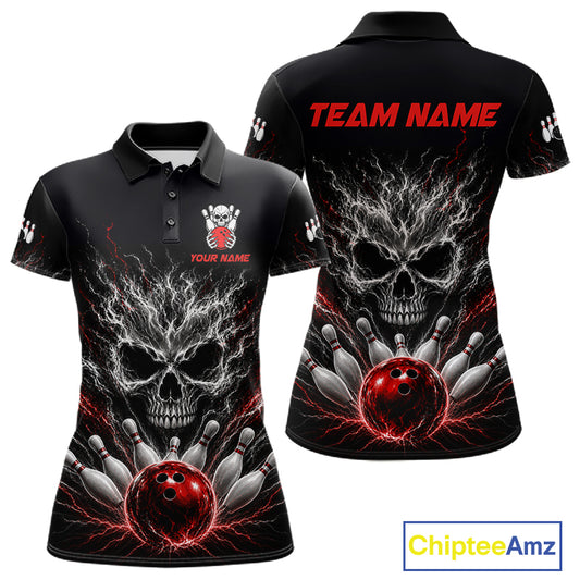 Red And Grey Smokes Horror Skull Bowling Polo Shirt For Women Custom Thunder Skull Bowling Team Jersey