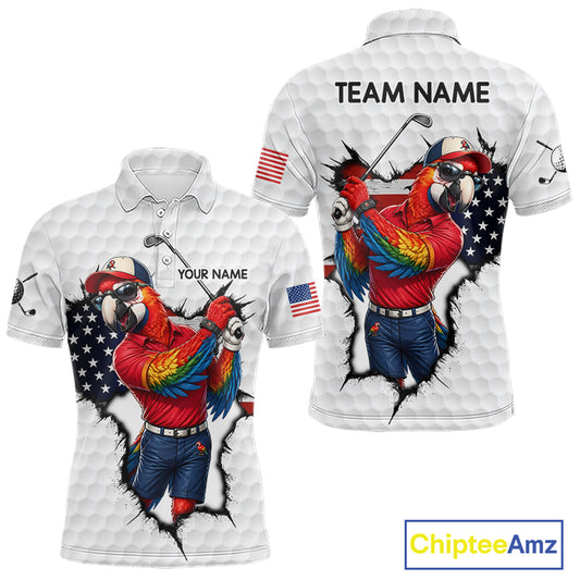 Custom Funny Cool Parrot White Golf Ball Mens Patriot Golf Polo Shirts Custom US Flag Golf Gifts NYN3150