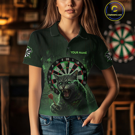 Funny Cat Green Dripping Dartboard Custom Women Polo Darts Shirt Outfits Darts Jersey NYN1801