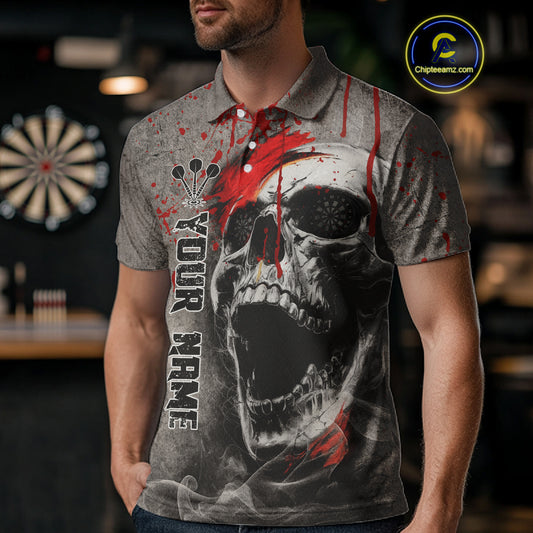 Custom Red Dripping Skull Grunge Polo Dart Shirt For Men Dartboard Outfits Dart Jersey NYN1319