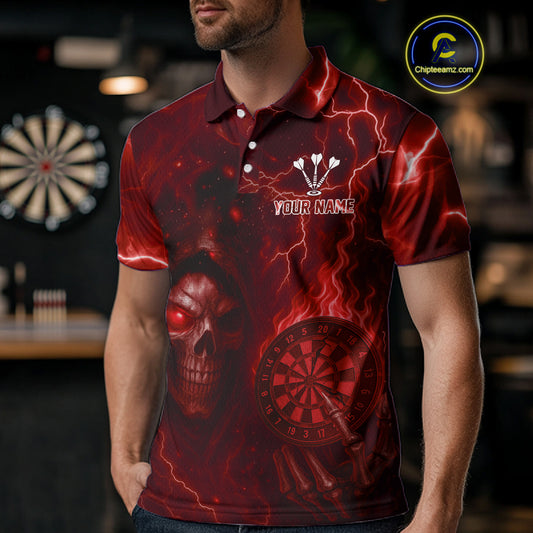 Personalized Red Flames Skull Dartboard Darts Jersey Custom Men's Skull Darts Polo Shirt NYN1030