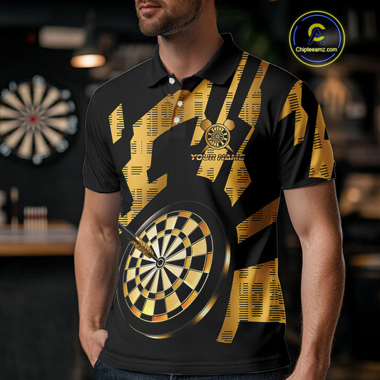 Gold Dartboard & Arrow Men's Darts Polo Shirt - Custom Name For Players NYN0747