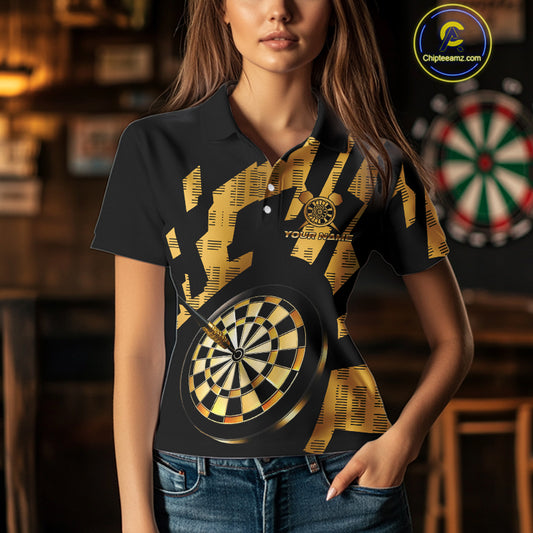 Gold Dartboard & Arrow Women's Darts Polo Shirt - Custom Name For Players NYN0747