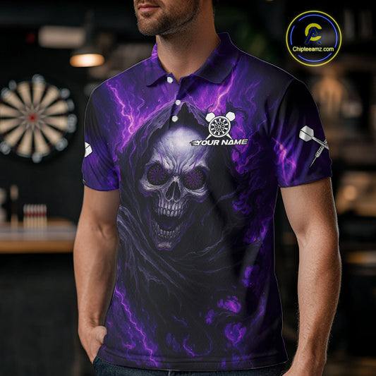 Custom Black-Purple Lightning Skeleton Dart Shirt For Men Dart Tournament Jerseys NYN1405