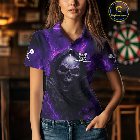 Custom Black-Purple Lightning Skeleton Dart Shirt For Women Dart Tournament Jerseys NYN1405