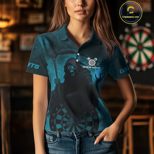 Custom Turquoise Flames Skeleton Dartboard Dart Shirt For Women Dart Tournament Jerseys NYN1411