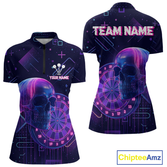 Custom Black & Purple Cyberpunk Dart Shirt For Women Neon Skull Dart Team Jerseys NYN1069