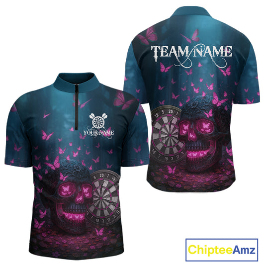Custom Blue And Pink Butterflies Skull Dart Shirt For Men Romantic Darts Team Jerseys NYN1070