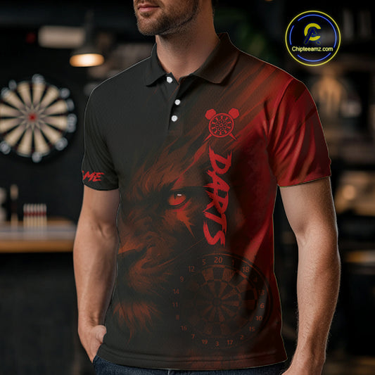 Custom Black-Red Horror Lion Dartboard Dart Polo Shirt For Men Grunge Dart Jerseys NYN1413